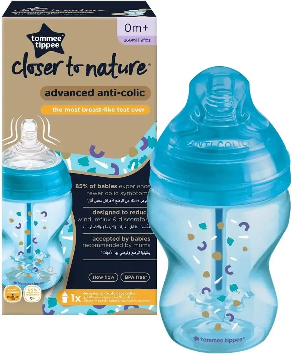 Tommee Tippee Advanced Anti-Colic Decorated Baby Bottle, Single Pack, Blue | 260 ml
